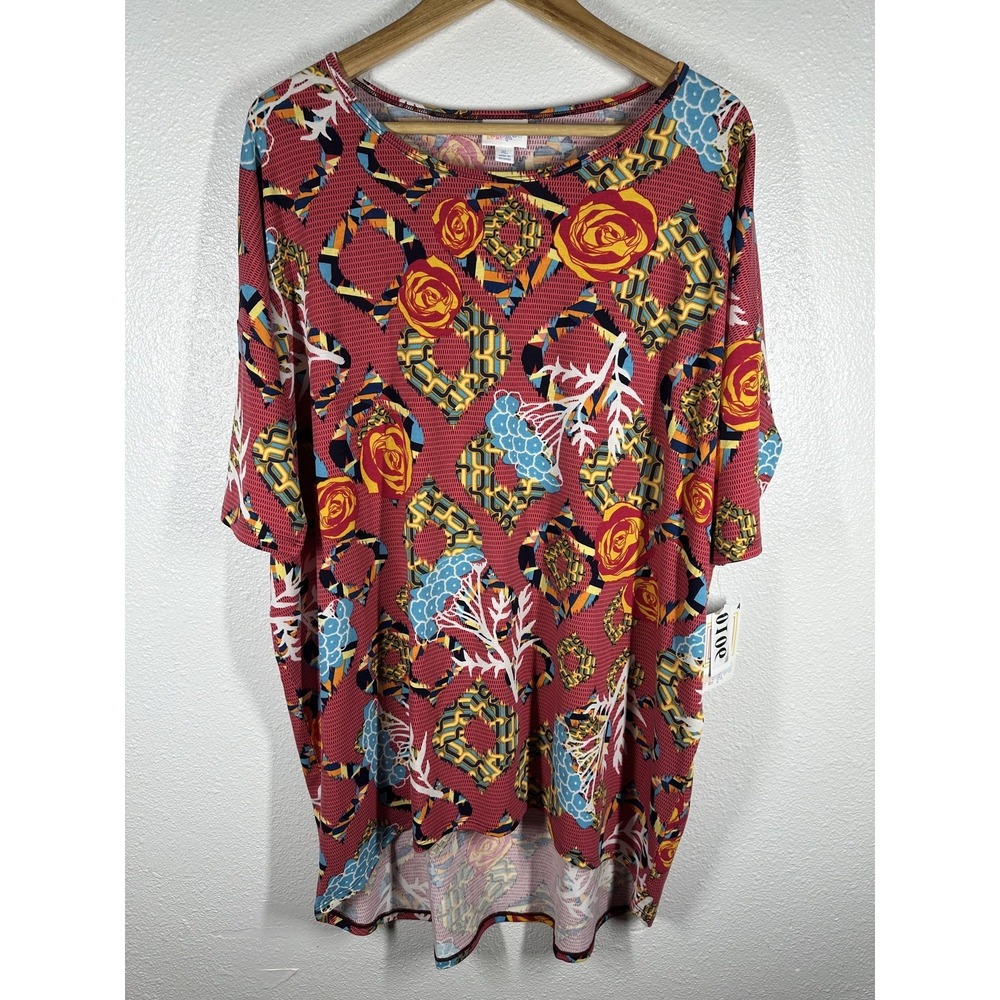 LuLaRoe Shirt Womens XL Red Floral Geometric Tunic Short Sleeve Stretch Top